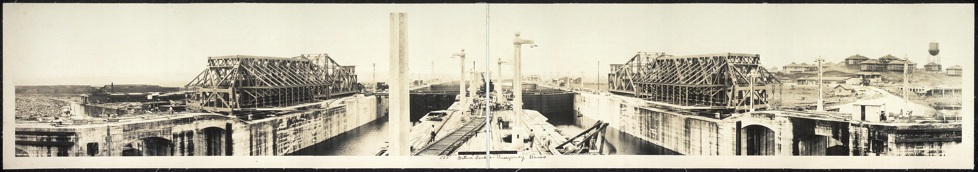 Panoramic view of Gatun Locks under construction, Panama Canal — historic image