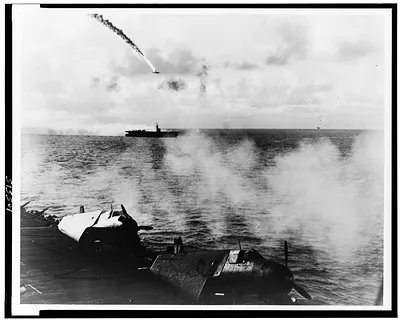 Japanese plane shot down as it attempted attack, USS Kitkun Bay