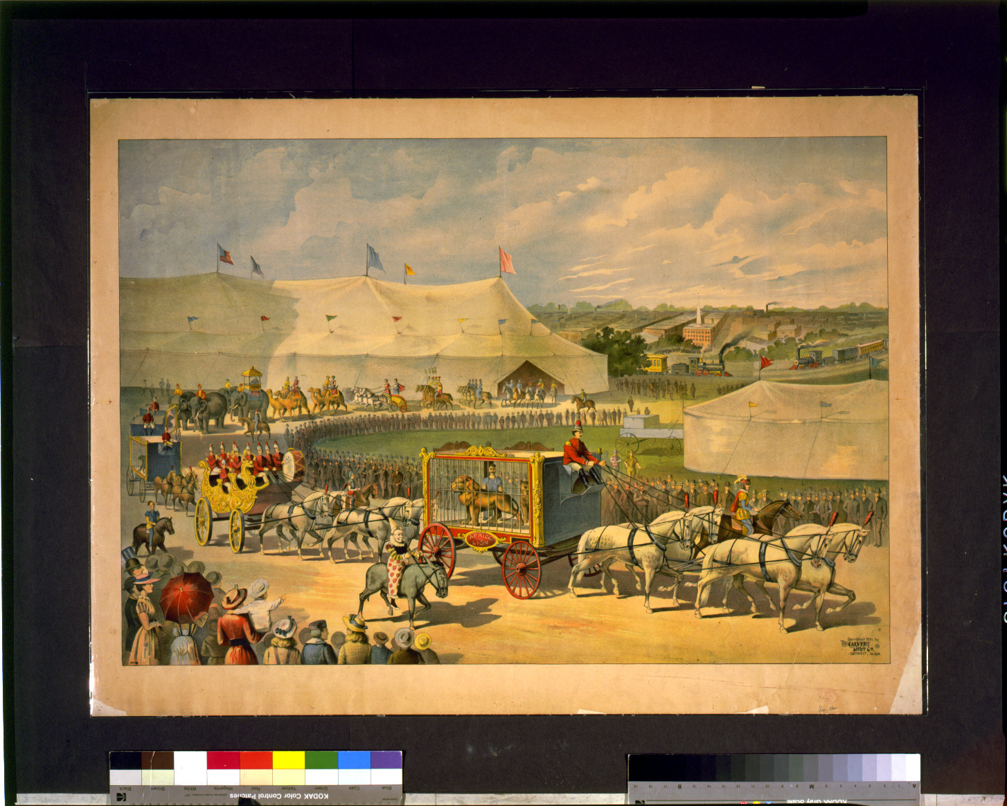 [Parade with lion in cage on wagon, circus tent in background], c1891. — vintage poster