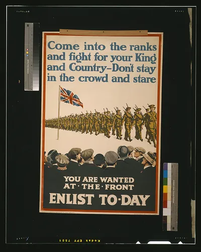 Come into the ranks and fight for your king and country - don't stay in the crowd and stare. You are wanted at the front. Enlist to-day / printed by Roberts & Leete Ltd., London.