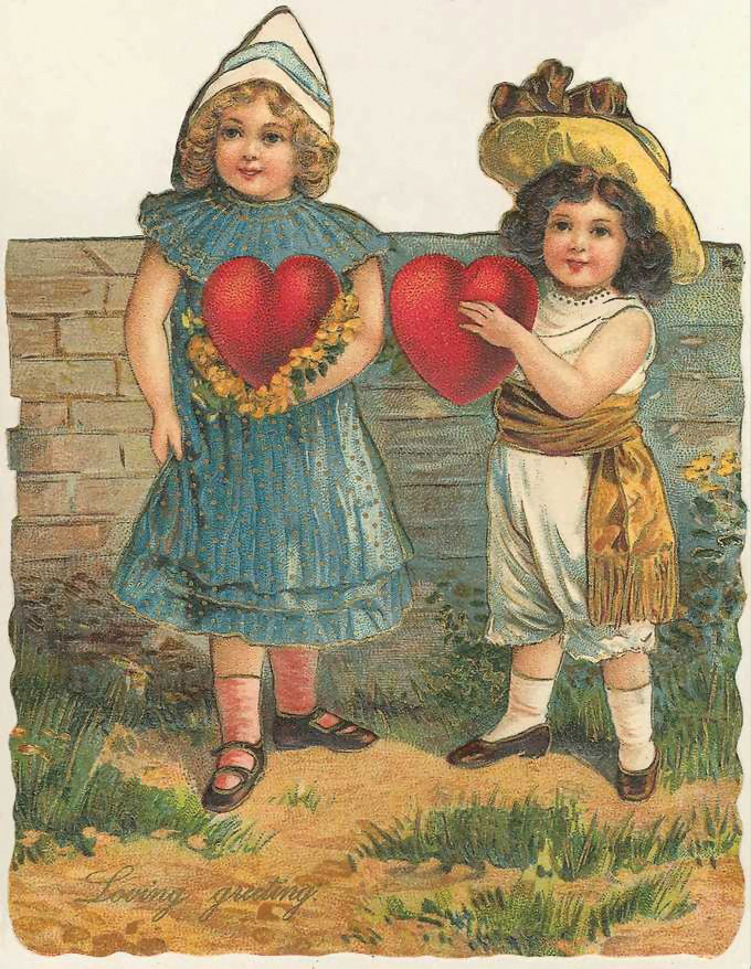 Two children holding large red hearts, Loving greeting Valentine card — historic image