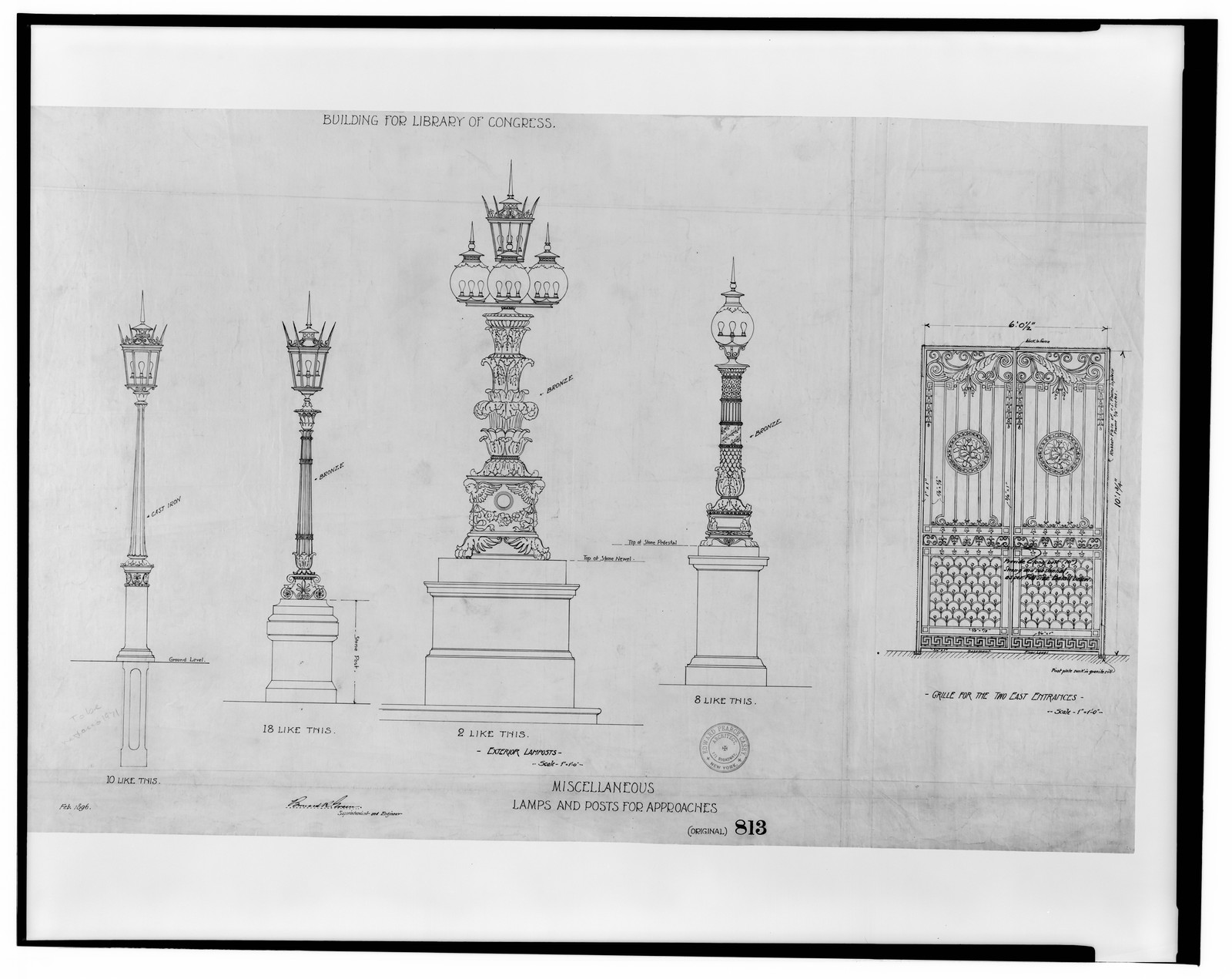 [Library of Congress, Washington, D.C. 813 -- K-lamps and posts for approaches], and Engineering (ADE) Drawings" (http://www.loc.gov/rr/print/res/103_ade.html)." — historic drawing