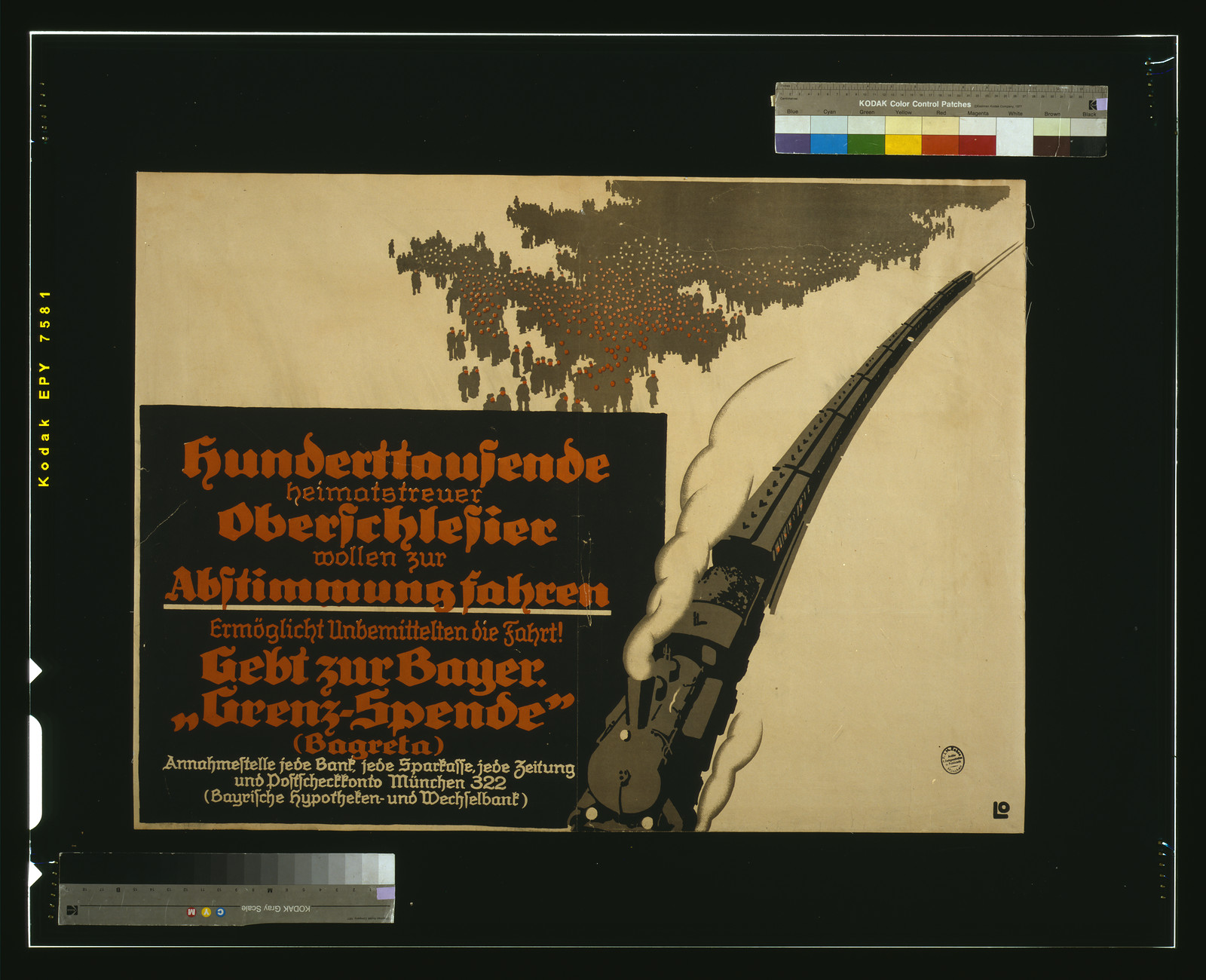 Hunderttausende heimatstreuer Oberschlesier wollen zur Abstimmung Fahren ... Gebt zur Bayer. Grenz-Spende" (Bagreta) / LO.", [S.l. : s.n., 1921] — vintage poster