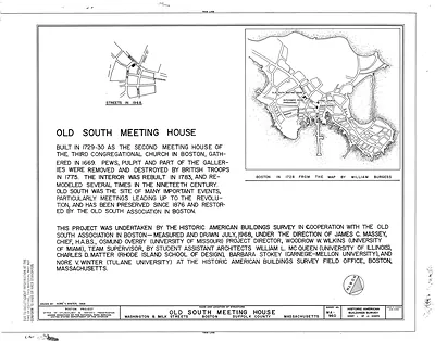 Old South Meeting House, measured drawing sheet with Boston 1728 map