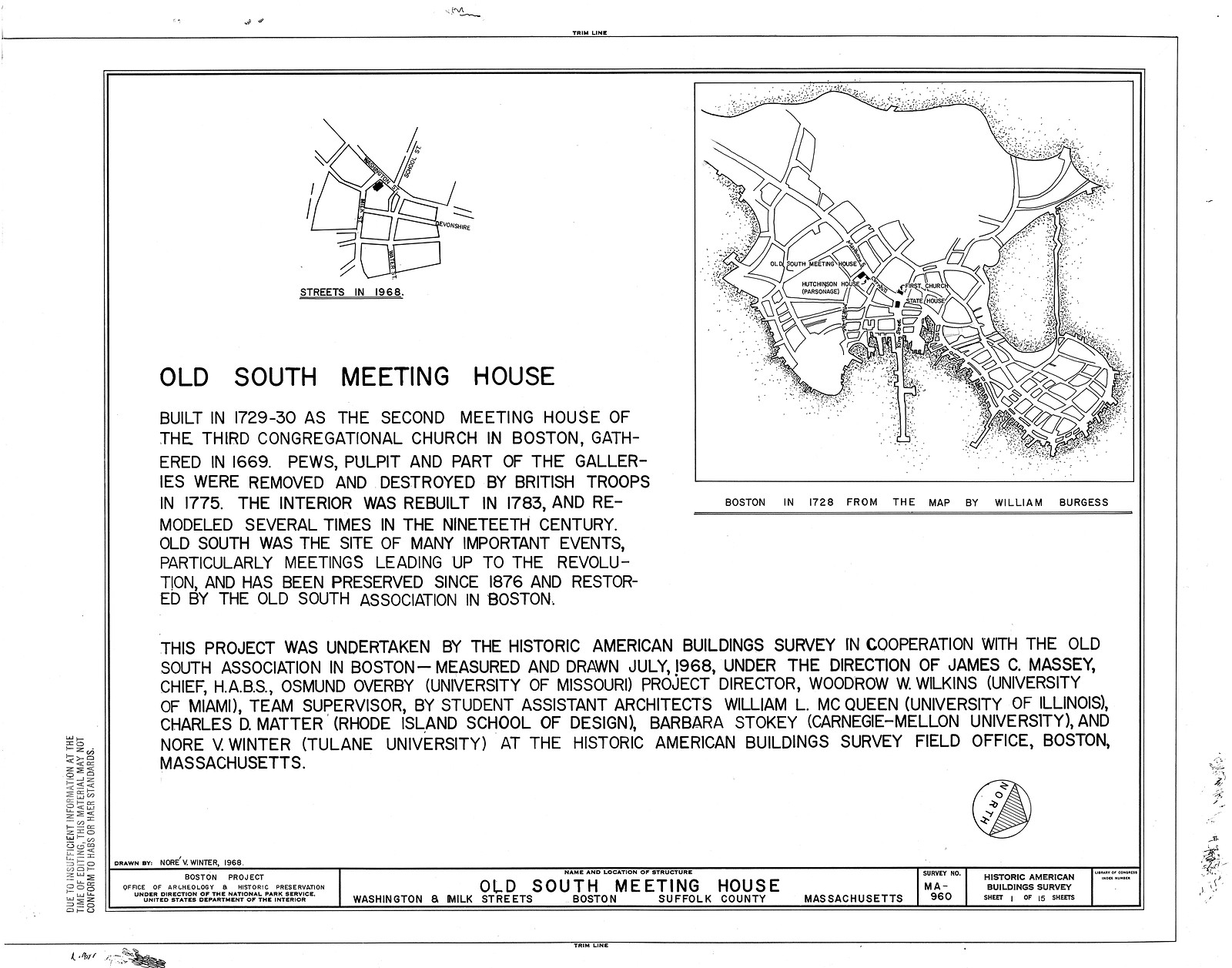Old South Meeting House, measured drawing sheet with Boston 1728 map — antique map