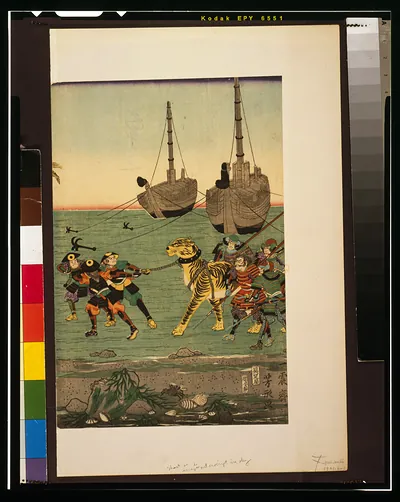 Samurai leading a tiger on a shore by ships, woodblock print
