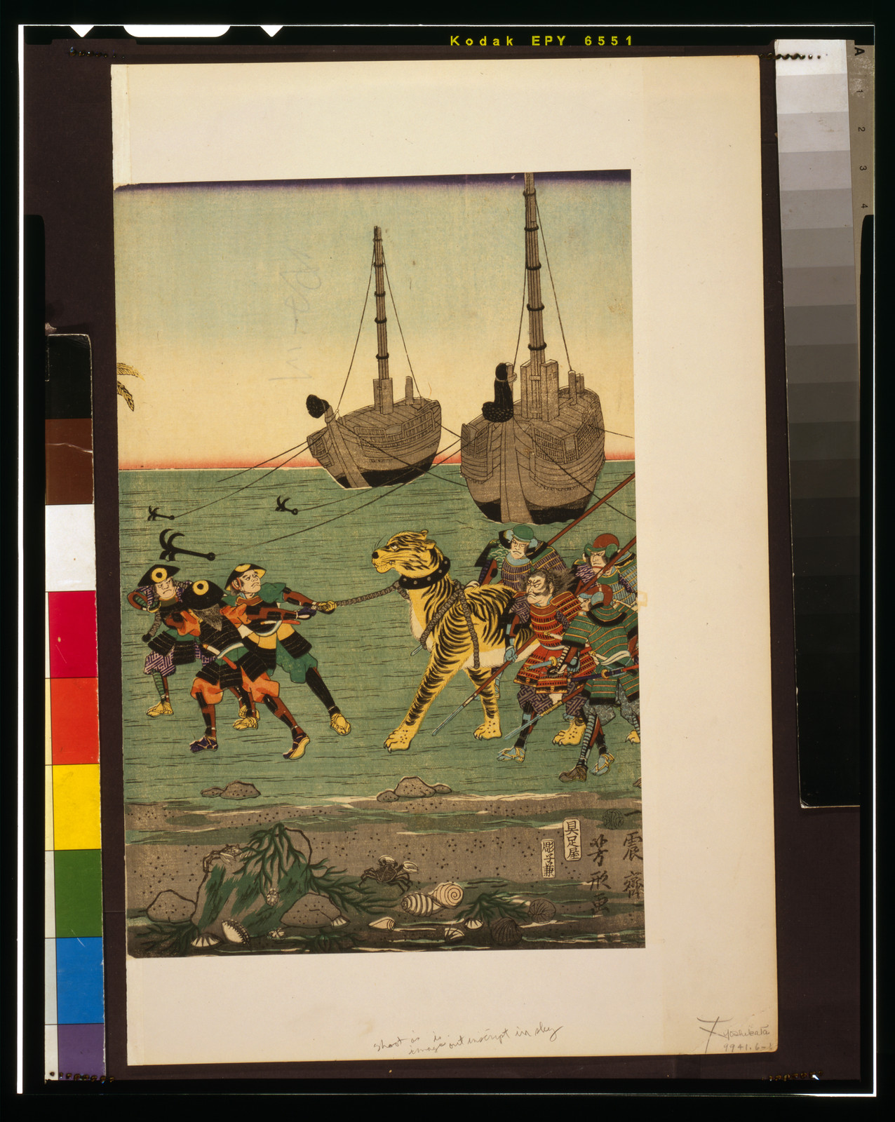 Samurai leading a tiger on a shore by ships, woodblock print — historic print