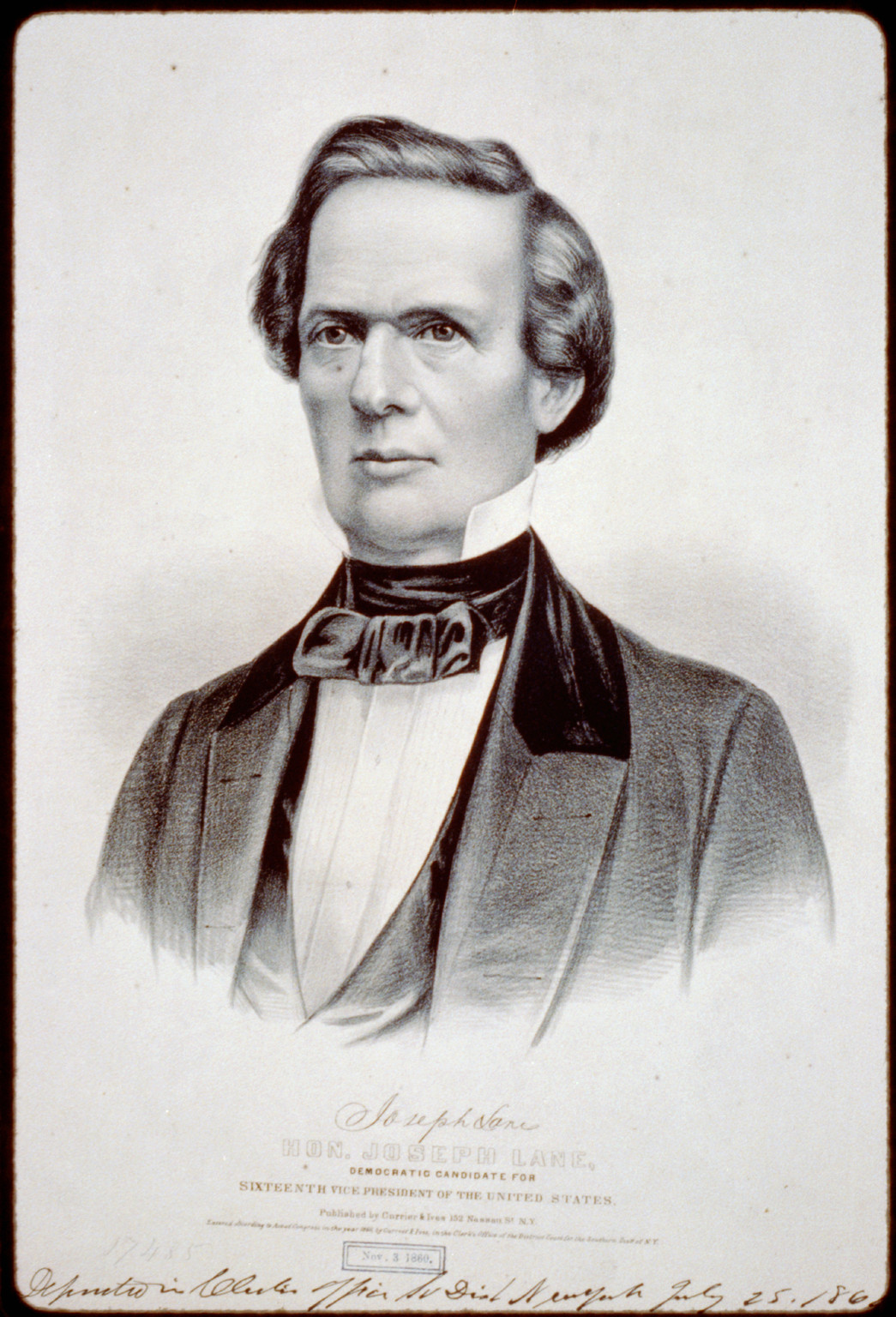 Hon. Joseph Lane: Democratic candidate for sixteenth vice president of the United States, New York : Published by Currier & Ives, c1860. — antique lithograph