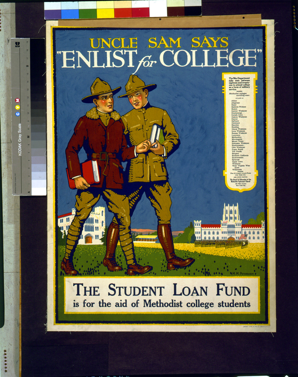 Uncle Sam says Enlist for college" The student loan fund is for the aid of Methodist college students / M.M. Petersham.", Brooklyn, N.Y. : Latham Litho & Ptg. Co., [1917] — vintage poster