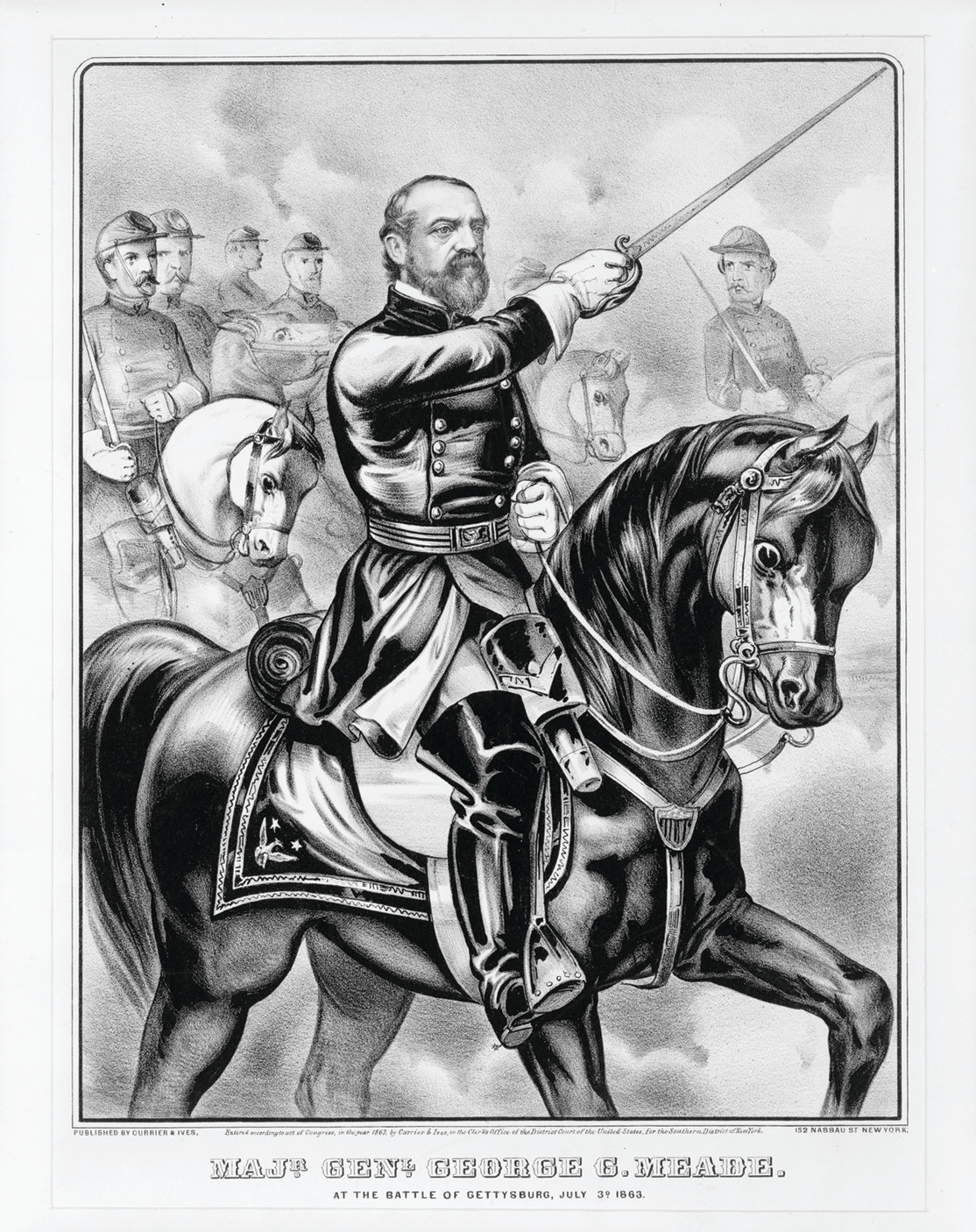 Majr. Genl. George G. Meade, at the battle of Gettysburg, July 3d. 1863, New York : Published by Currier & Ives, 1863. — antique lithograph