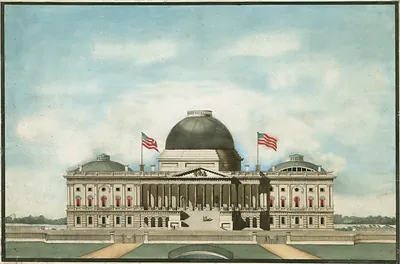 Hand-colored elevation drawing of the U.S. Capitol with flags