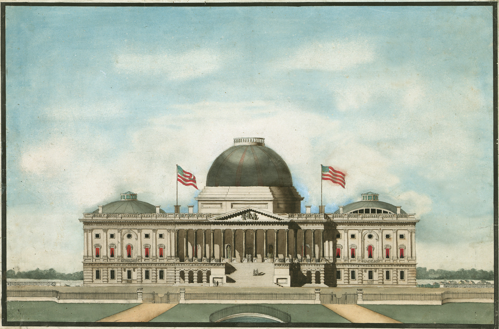 Hand-colored elevation drawing of the U.S. Capitol with flags — historic drawing