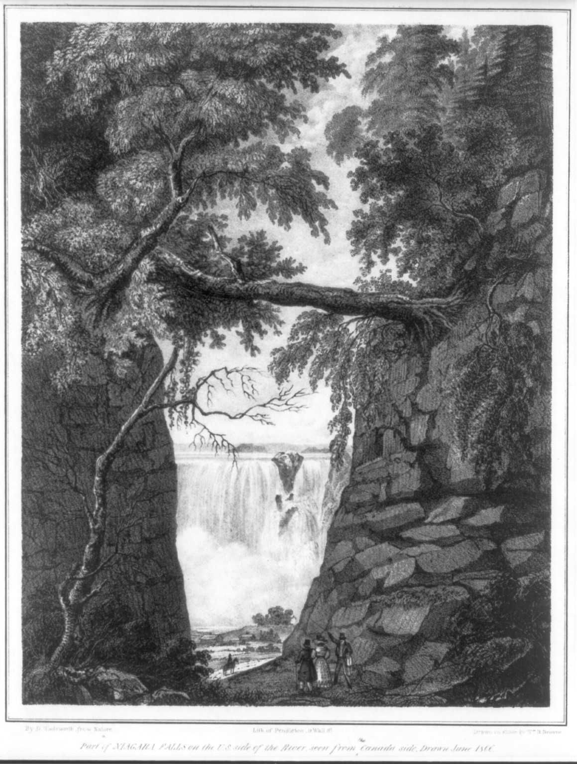 Part of Niagara Falls on the U.S. side of the river, seen from the Canada side / Drawn June 1806 by D. Wadsworth, from nature ; drawn on stone by Wm. R. Browne ; lith. of Pendleton, 9 Wall St.., [New York : Pendleton, 1832 or 1833] — antique lithograph