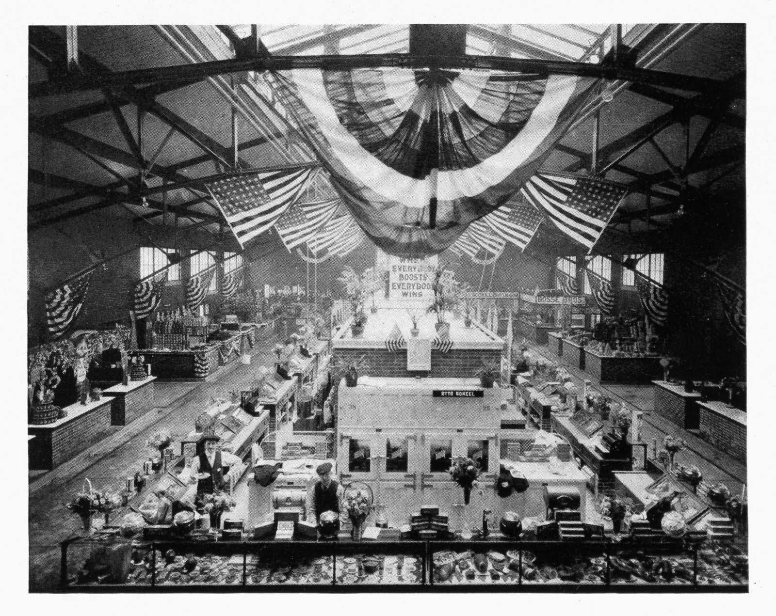 Municipal market hall decorated with flags and bunting — historic image