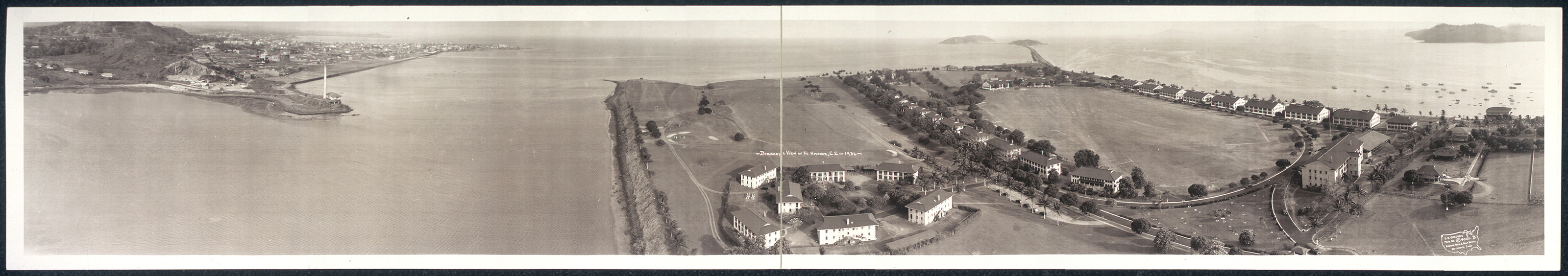 Aerial panoramic photograph of coastal fort and bay — historic photograph