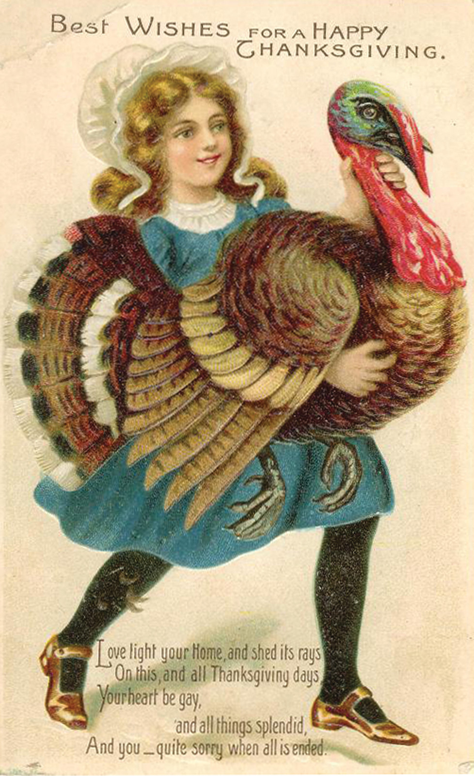 Best Wishes for a Happy Thanksgiving: girl with turkey postcard — vintage postcard