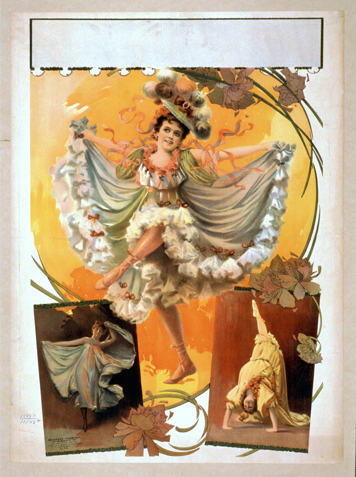 [Woman dancing in two scenes performing acrobatics in third], 1898 — vintage poster