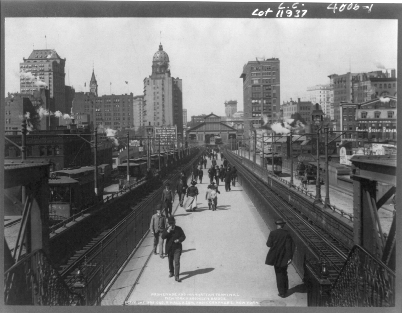 New York and Brooklyn Bridge: Promenade and Manhattan [street railroad] Terminal, c1898. — historic photograph
