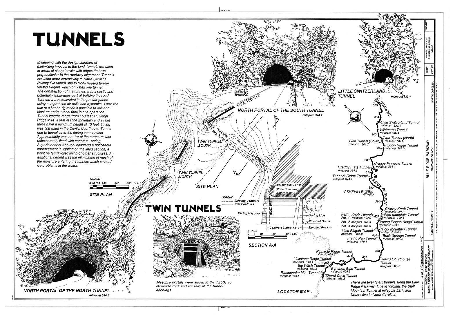 Tunnels: Blue Ridge Parkway drawing sheet with plans and portals — historic drawing