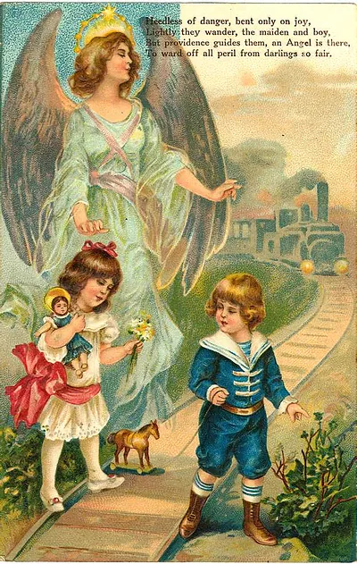 Guardian angel over children on railway tracks, verse postcard