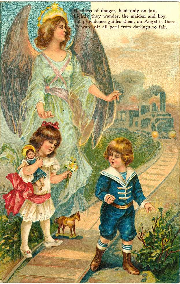 Guardian angel over children on railway tracks, verse postcard — vintage postcard