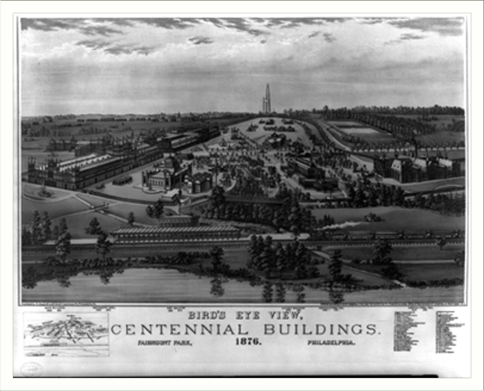 Bird's eye view, Centennial buildings, Fairmont Park, Philadelphia. 1876, Philadelphia, Pa. : Published by H.J. Toudy & Co., c1875 & 1876. — antique lithograph