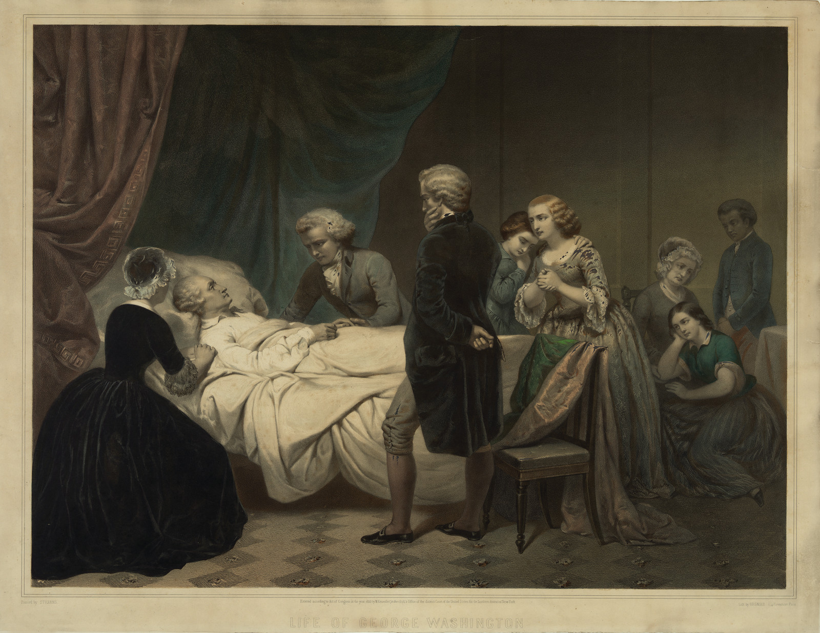 Life of George Washington - Deathbed, c. 1853 — antique lithograph