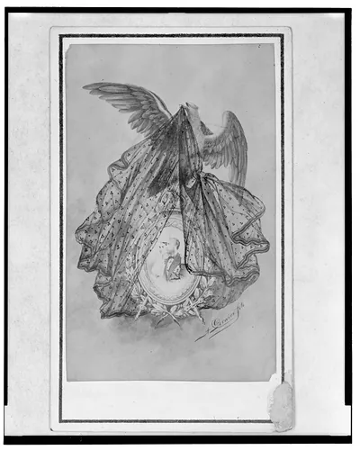 [Eagle lifting veil from cameo of Empress Carlota and Emperor Maximilian]