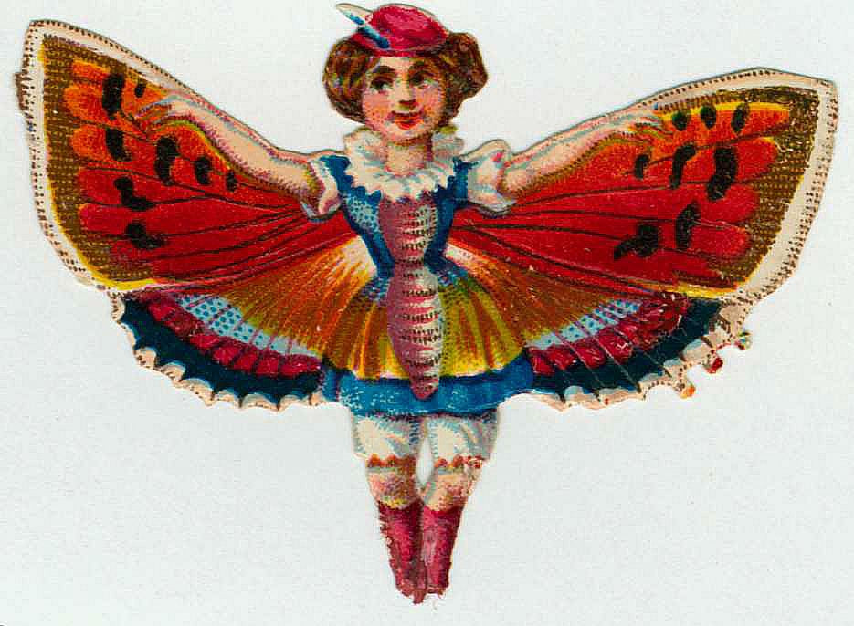 Winged girl with butterfly wings, die-cut scrap — historic image
