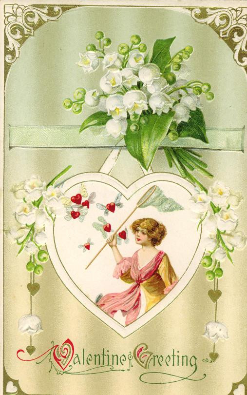 Valentine Greeting card with lily of the valley and hearts — historic image