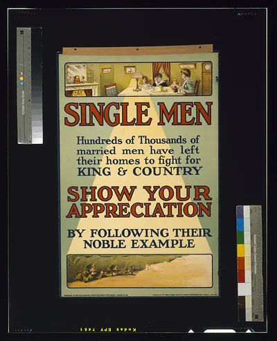 Single men. Hundreds of thousands of married men have left their homes to fight for king and country. Show your appreciation by following their noble example / printed by the Abbey Press, 32 & 34 Gt. Peter St., Westminster, S.W.