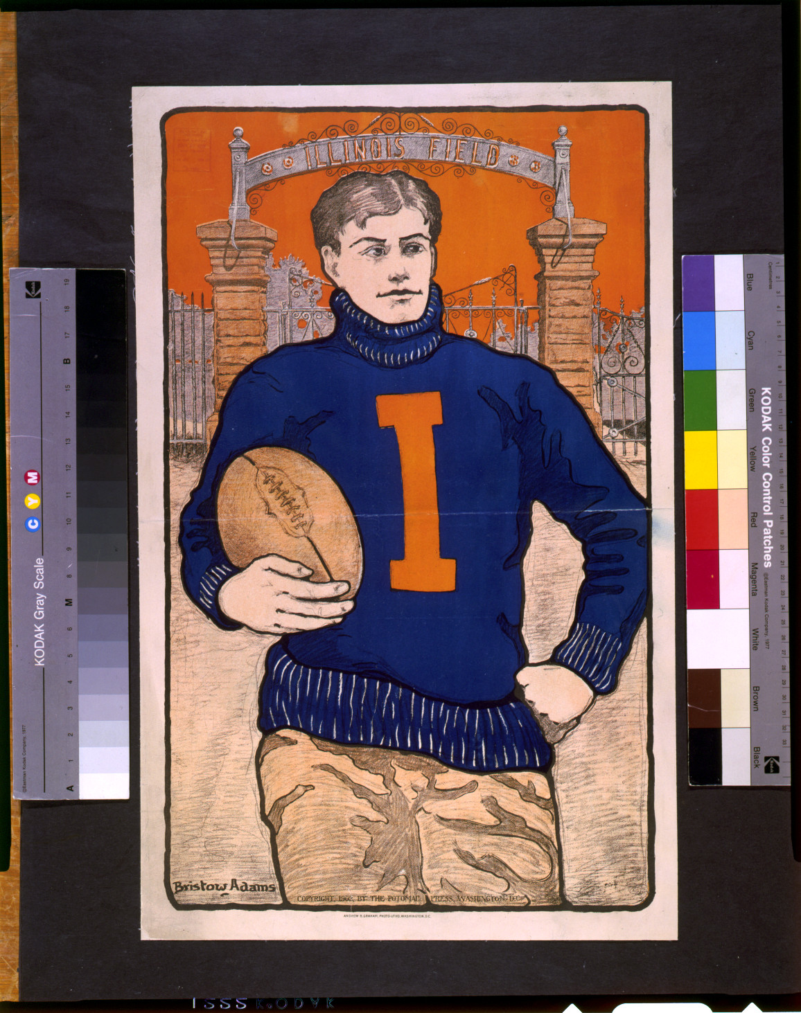 [Football player, with letter I on sweater, holding football, in front of Illinois Field] / Bristow Adams., Washington, D.C. : Andrew B. Graham, photo-litho., c1902. — vintage poster