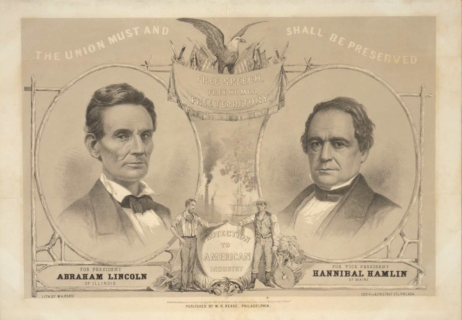The Union Must and Shall Be Preserved: Lincoln and Hamlin campaign lithograph — antique lithograph