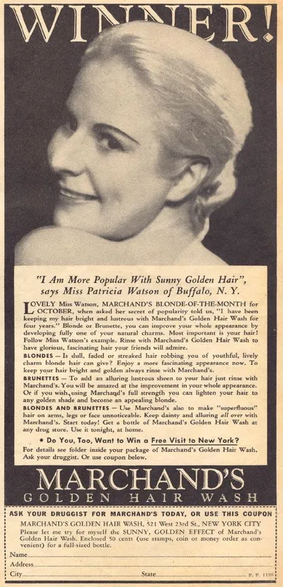 Marchand's Golden Hair Wash advertisement featuring Miss Patricia Watson