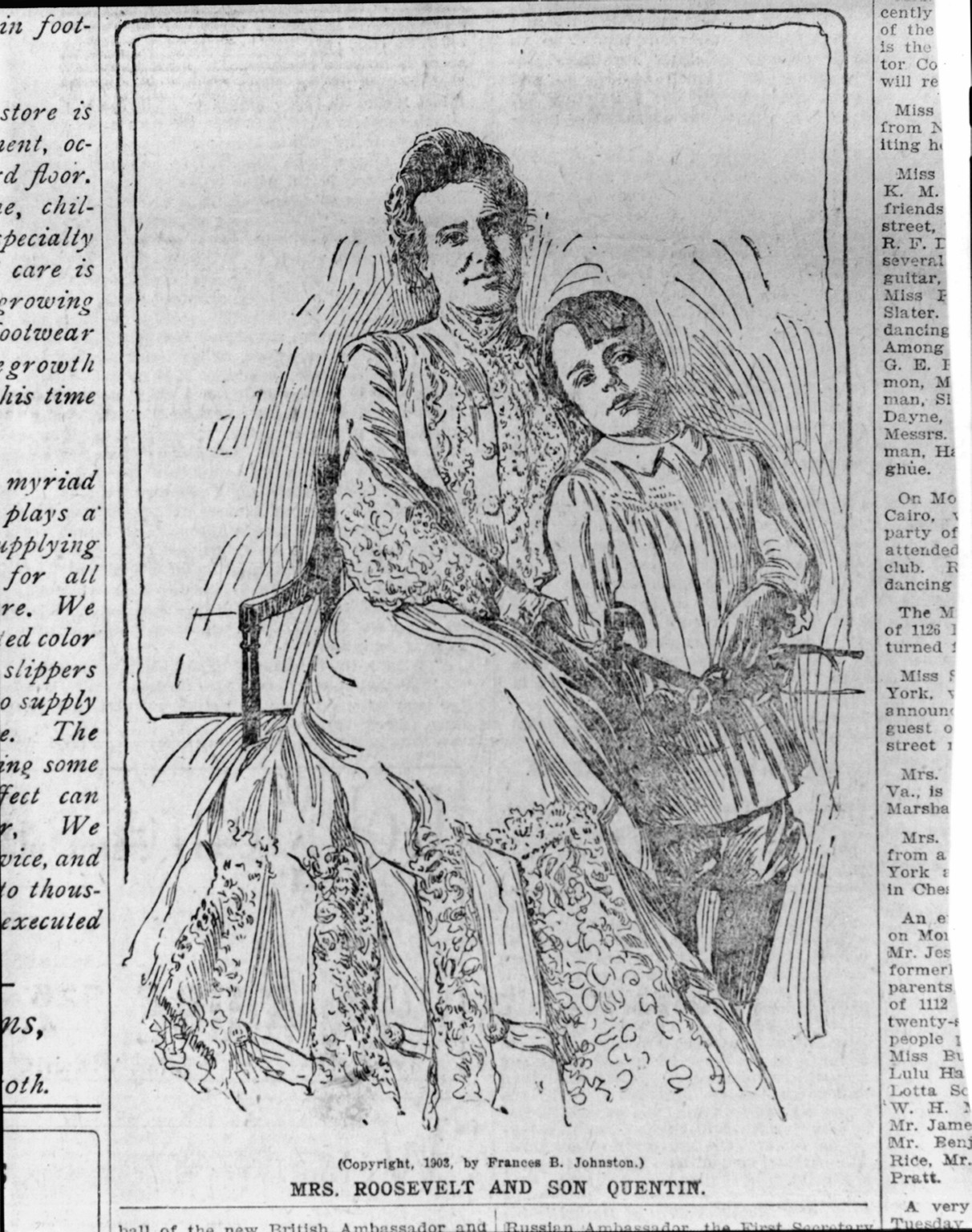 Mrs. [Theodore] Roosevelt and son Quentin, c1903. — historic print