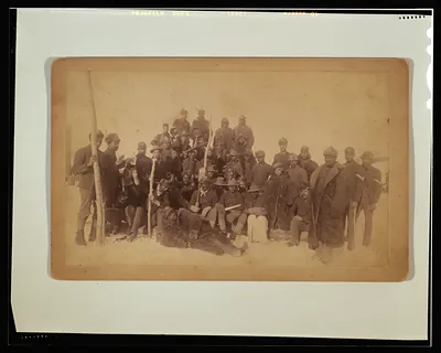 [Buffalo soldiers of the 25th Infantry, some wearing buffalo robes, Ft. Keogh, Montana]