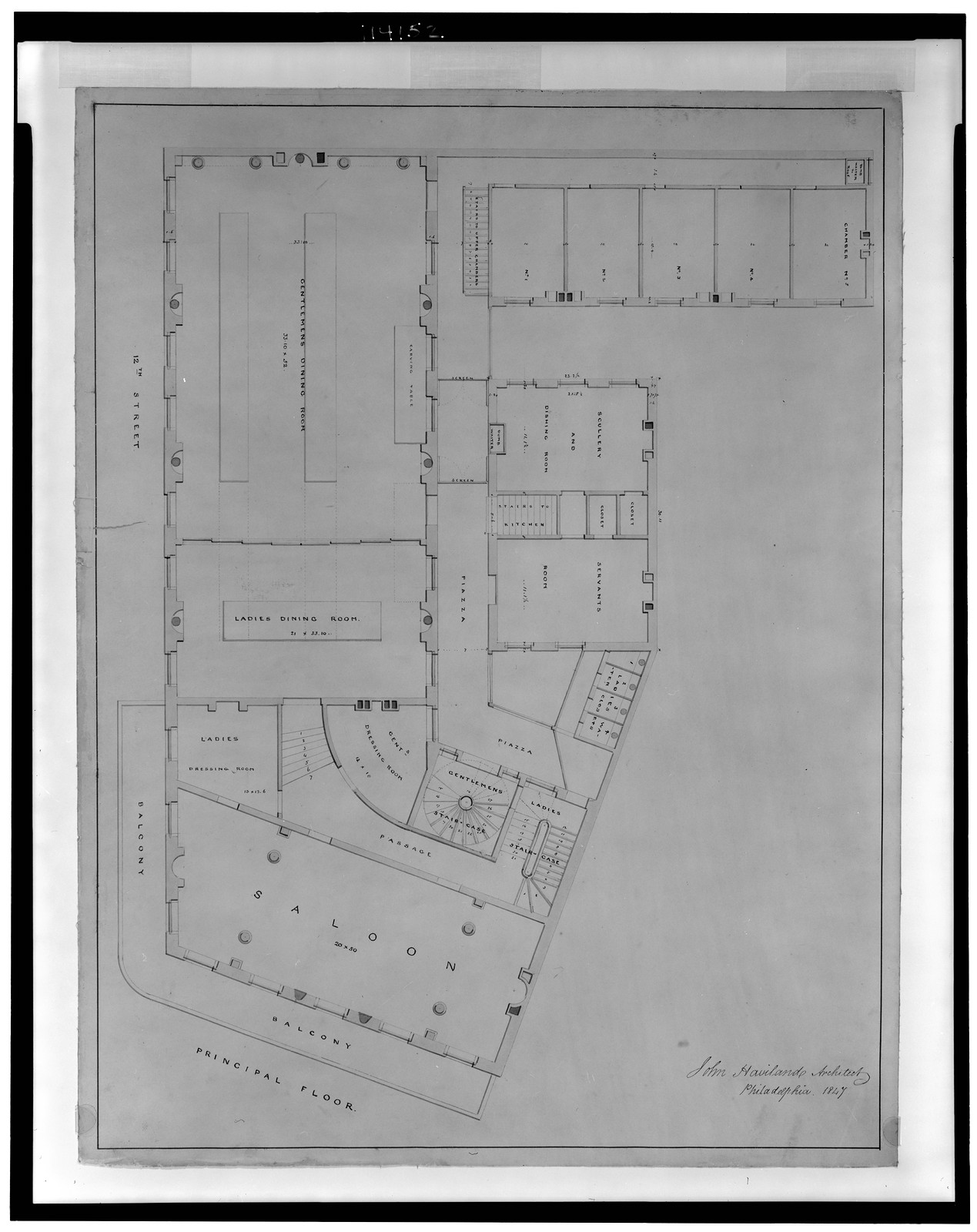 [Hotel for Azariah Fuller, (Kirkwood House), Pennsylvania Avenue and 12th Street, N.W., Washington, D.C. Principal floor plan], and Engineering (ADE) Drawings" (http://www.loc.gov/rr/print/res/103_ade.html)." — historic drawing