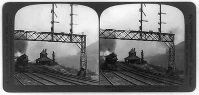 Two track levels of P.R.R. on the horseshoe curve, train rounding curve in distance 1 mile away, 100 ft. higher, Pa., U.S.A.