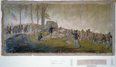 Scene behind the breastworks on Culps Hill, morning of July 3rd 1862