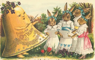 Easter greeting postcard with singing rabbits and egg conductor