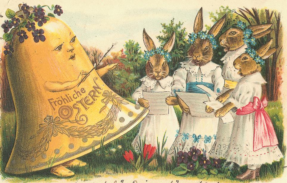 Easter greeting postcard with singing rabbits and egg conductor — vintage postcard