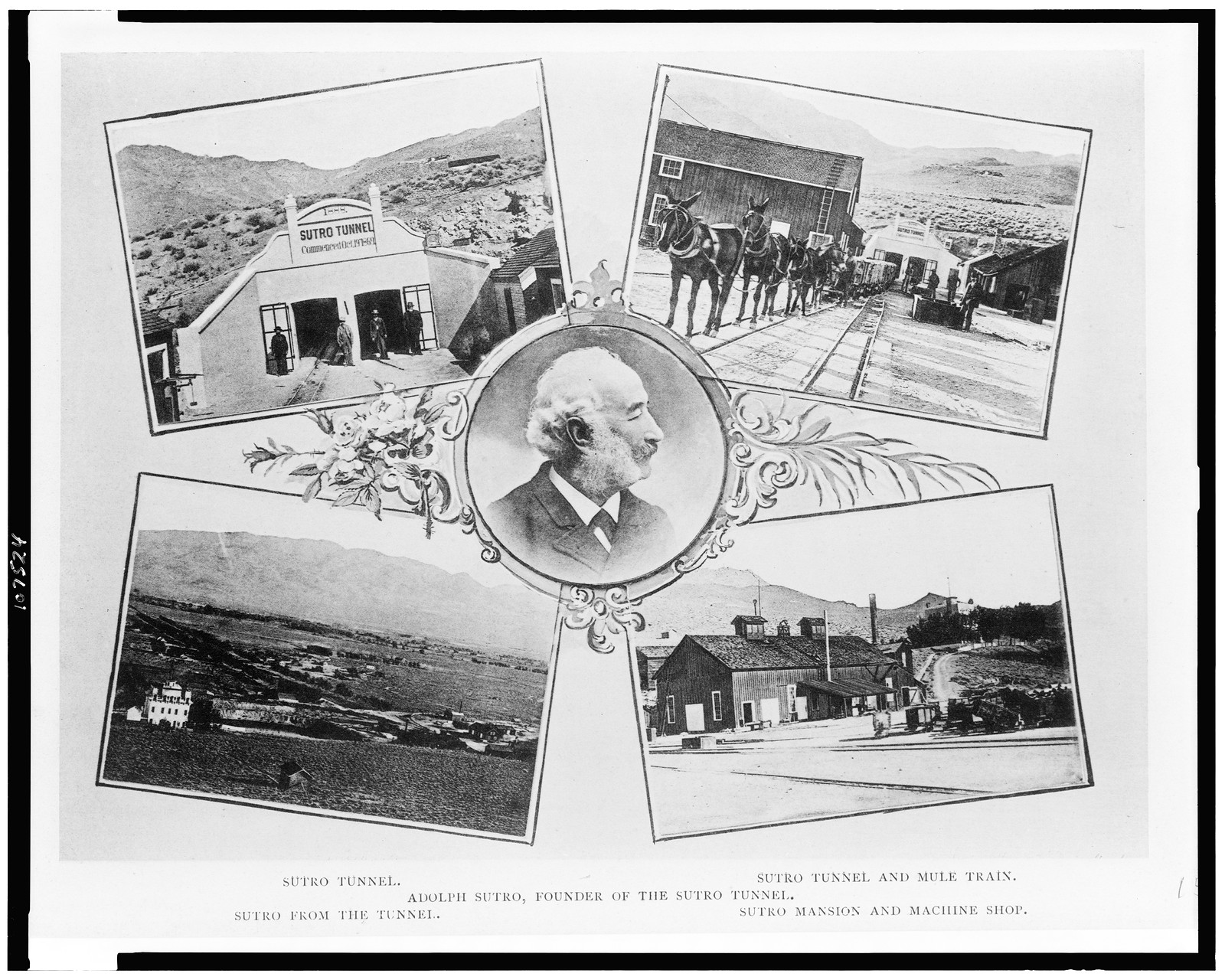 Sutro tunnel. Sutro tunnel and mule train. Adolph Sutro, founder of the Sutro tunnel. Sutro from the tunnel. Sutro mansion and machine shop, N.Y. : The Albertype Co., c1890. — historic print