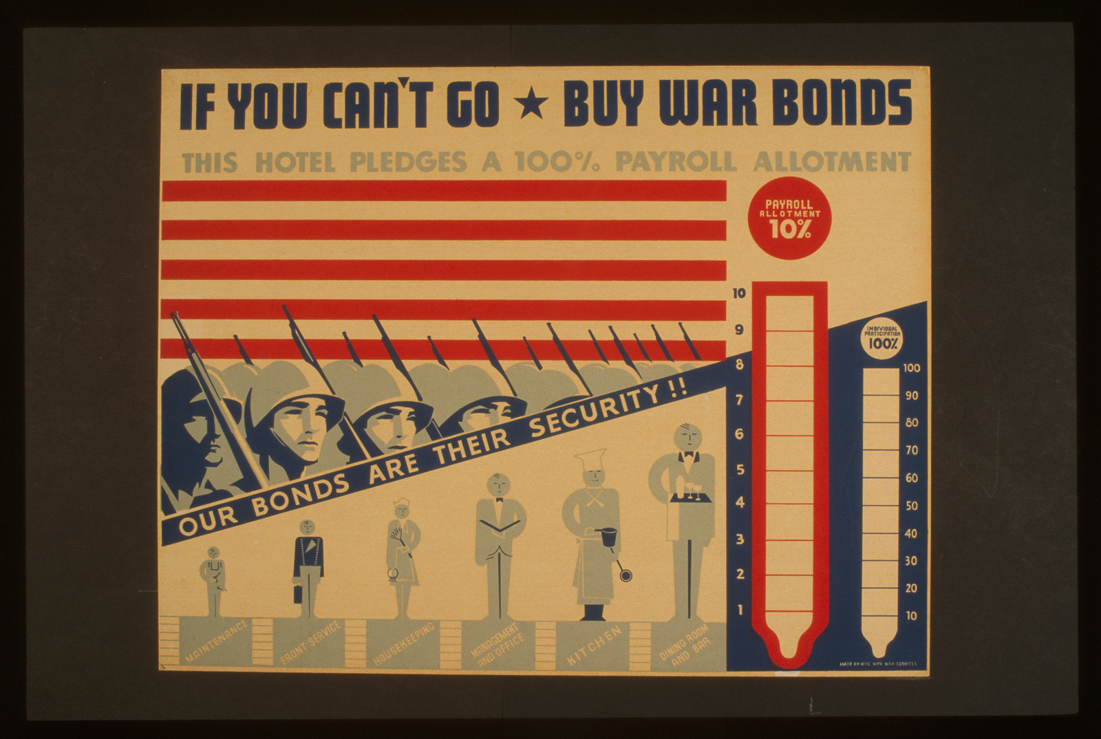 If you cant go - buy war bonds Our bonds are their security!! (S) This hotel pledges a, 1941 — vintage poster