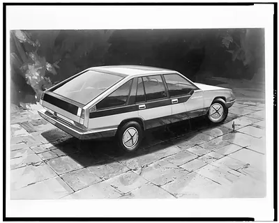 [1974 Moskvitch automobile rendering, four door sedan]