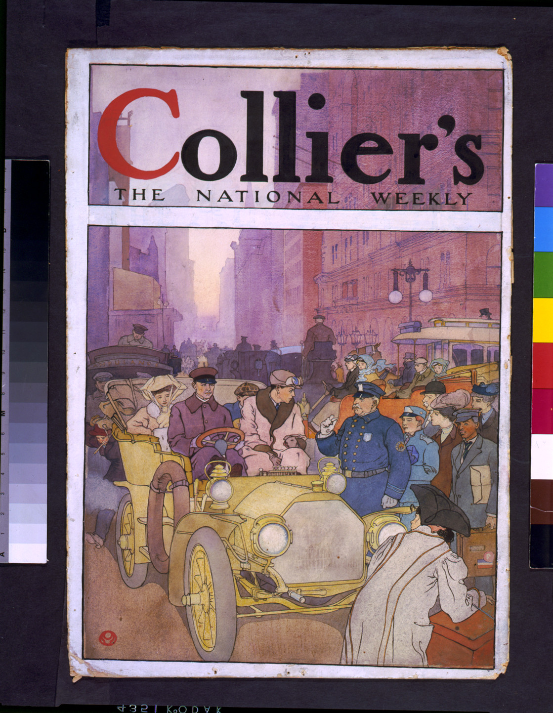Collier's The National Weekly cover: early automobiles on a city street with policeman — historic image