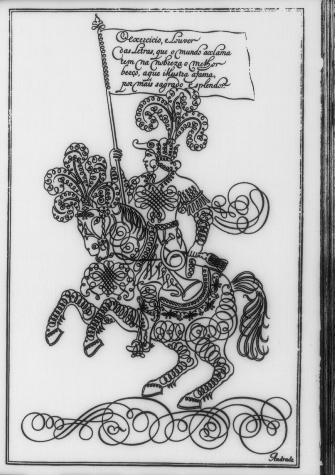 [Knight on horseback - an example of the elaborate ornamentation found in books of calligraphy in the 18th C.] — historic print