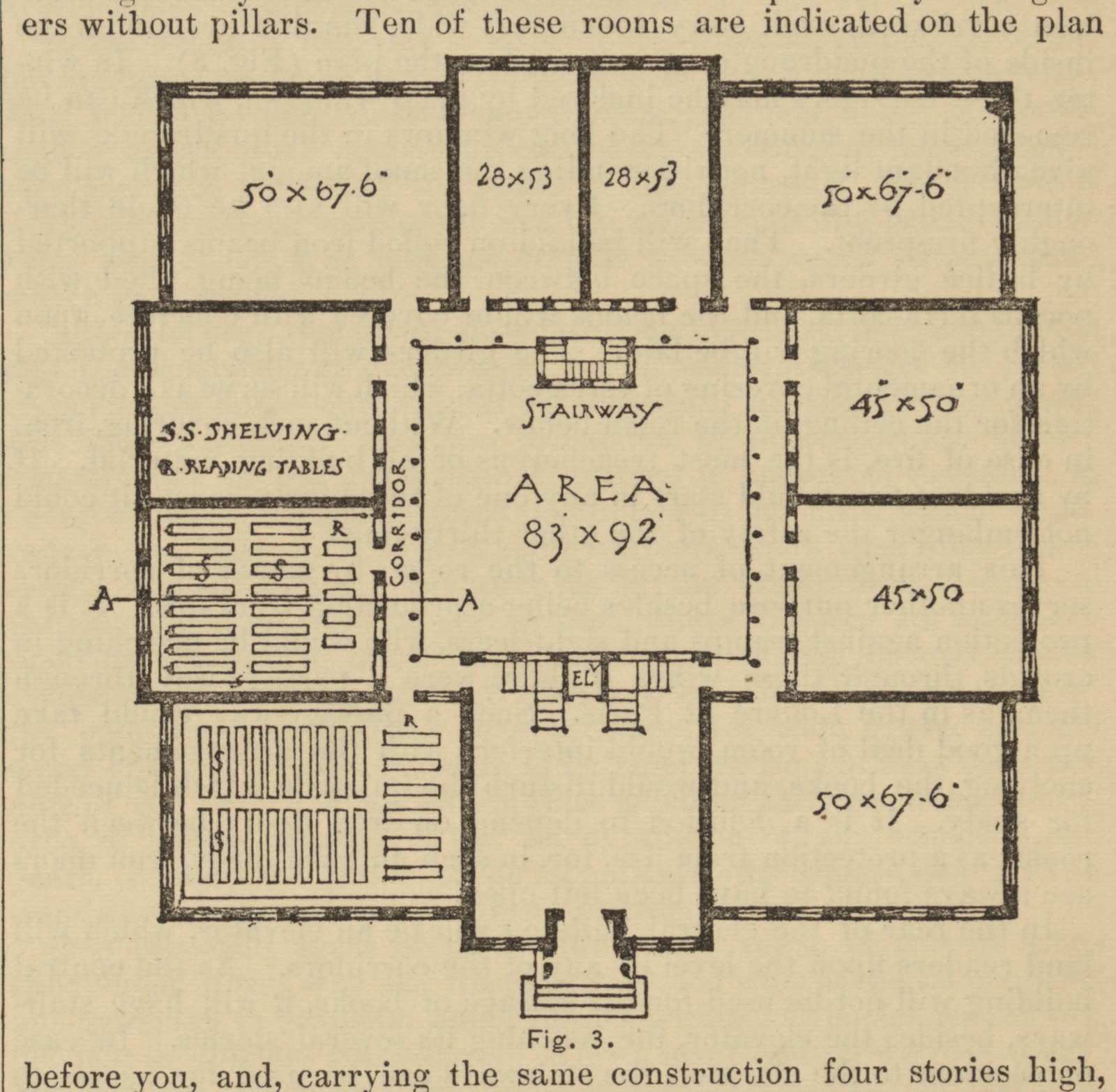 Floor plan of a library with shelving, reading tables and stairway — historic image