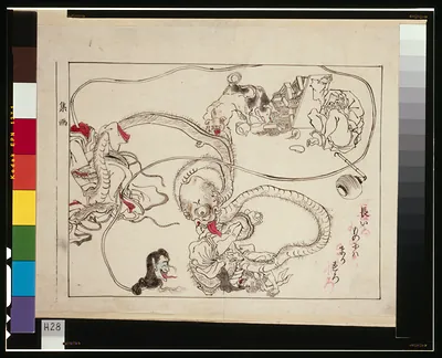 [Two long-necked creatures accosting a noodle shop customer]