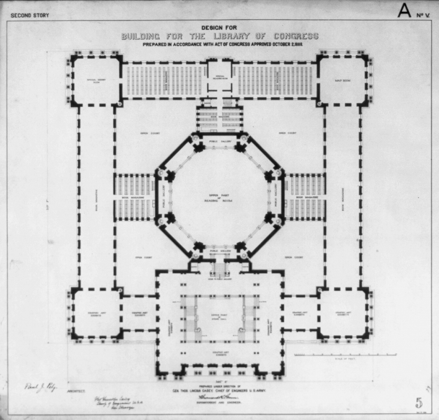 [Library of Congress, Washington, D.C. Second story plan, A series], and Engineering (ADE) Drawings" (http://www.loc.gov/rr/print/res/103_ade.html)." — historic drawing