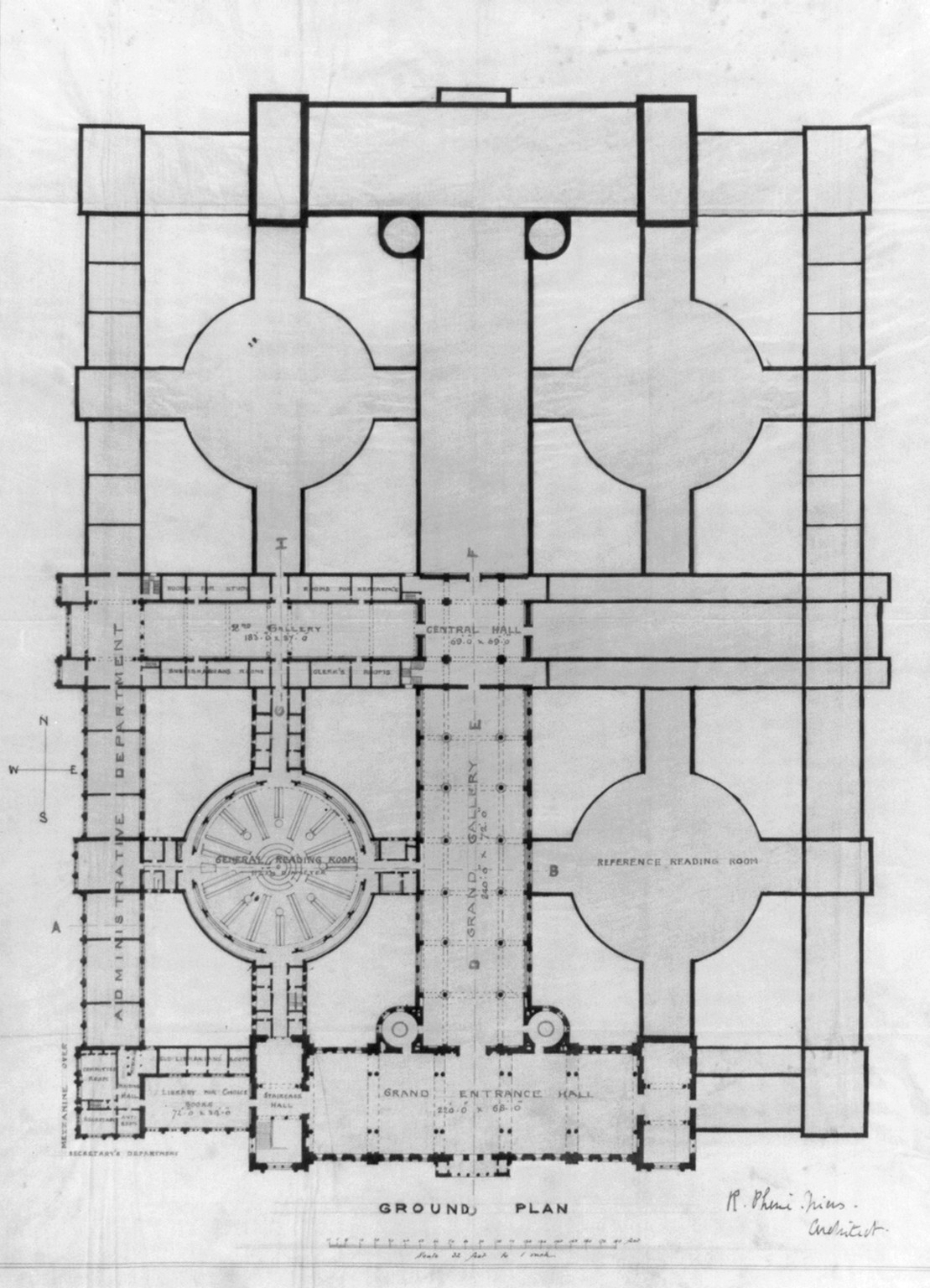 [Library of Congress (New Congress Library") D.C. Ground floor plan]", and Engineering (ADE) Drawings" (http://www.loc.gov/rr/print/res/103_ade.html)." — historic drawing